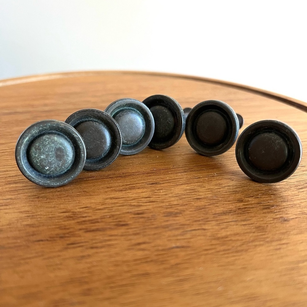 6 Antique English Brass Bullseye Pull Knob Vtg MCM Patina